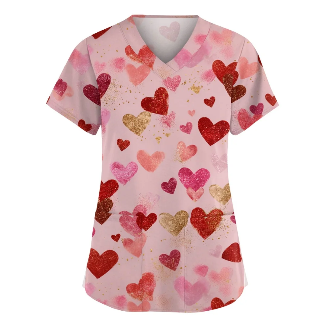 Mode amour dessin animé imprime uniforme chirurgical femmes été décontracté col en v femmes gommage à manches courtes haut uniformes médicaux vêtements