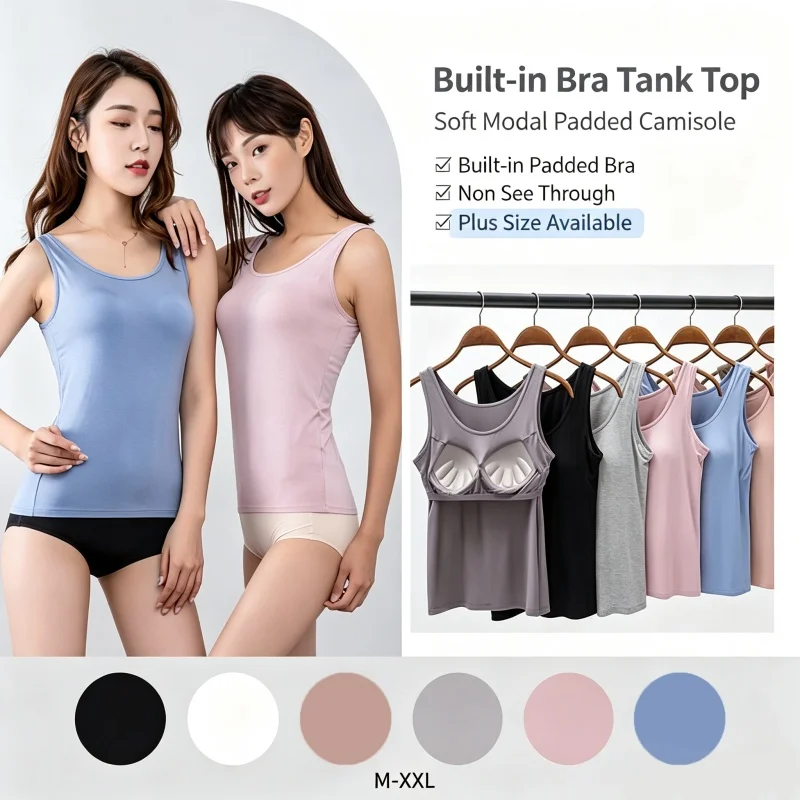2026 Women's Vest Tops with Built In Bra Neck Vest Solid Color Padded Slim Fit Tank Tops  Shirts Feminino Casual Tank Tops