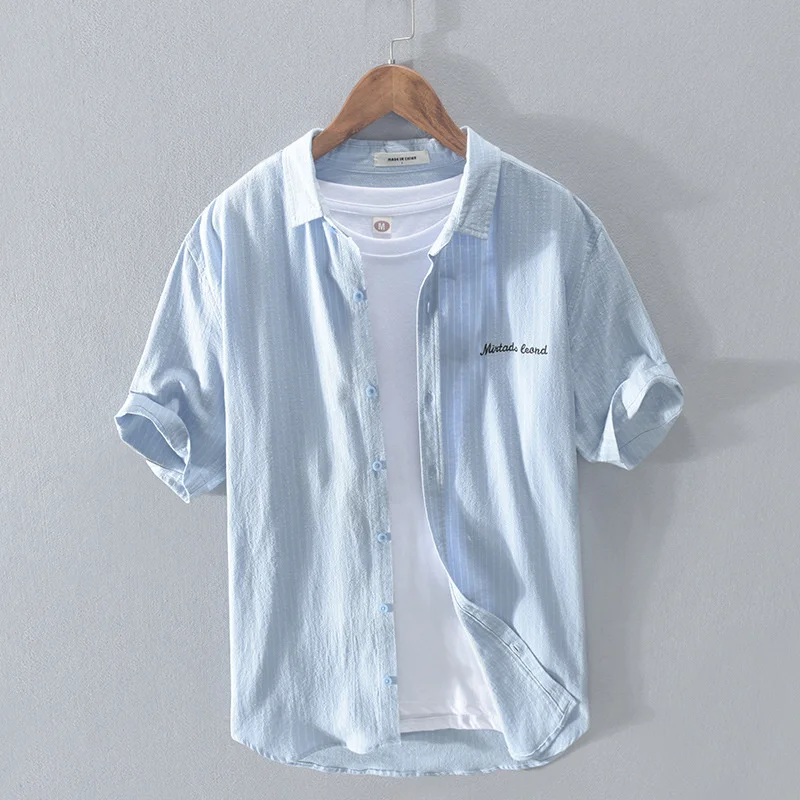 

Summer Men's Striped Pure Cotton Short Sleeved Shirt Japanese Fashion Letter Embroidered Square Neck Male Blouses Tops