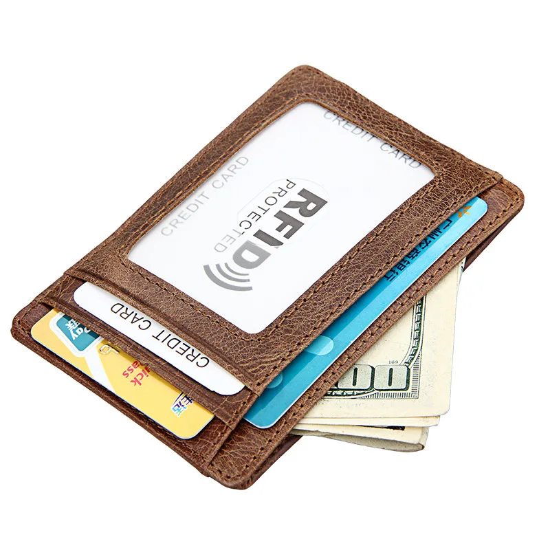 Retro Rfid Card Holder Money Clip 100% Genuine Leather Men\'s Wallet Soft Bifold Male Purse Cash Clamp  Slim Money Purse