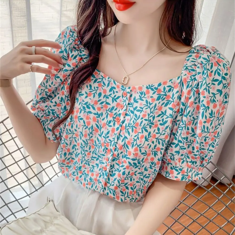 4XL Women Spring Summer Blouses Shirts Lady Fashion Casual Half Sleeve Square Collar Flower Printing Blusas Tops G2752