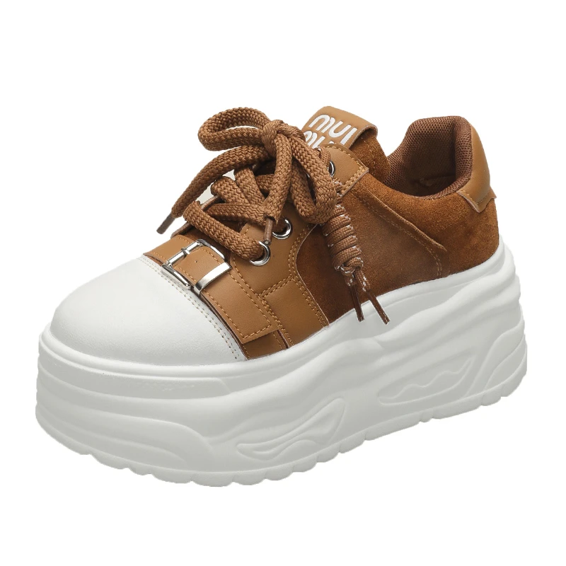 

2025 Spring Frosted Leather Thick Bottom Fashion Casual Platform round Toe Lace up Single Shoes Women's Footwear