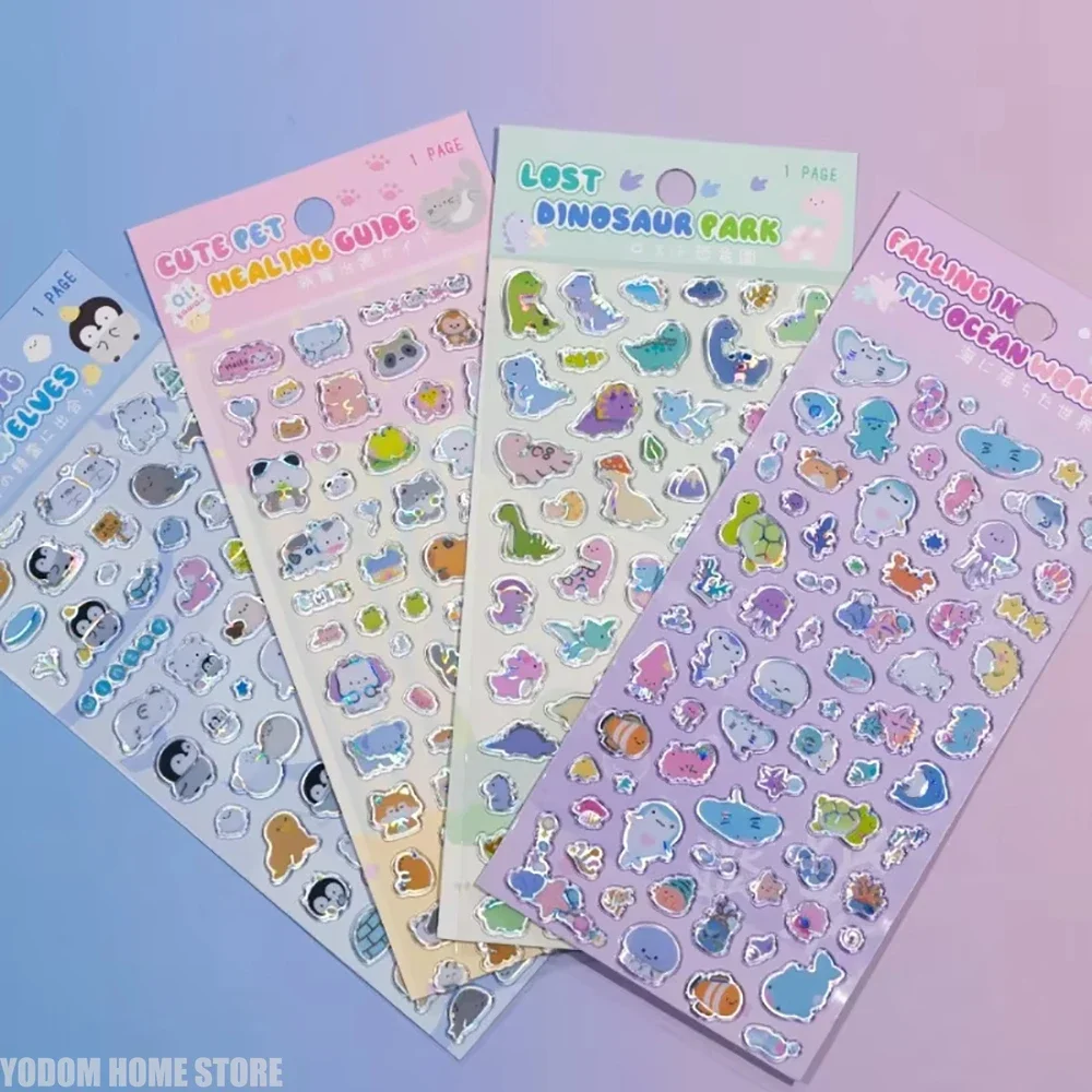 4pcs Cute Animal Stickers with Laser Diamond Edge for Scrapbooking Craft Supplies Material Scrapbooking Stickers Kids Girls Gift