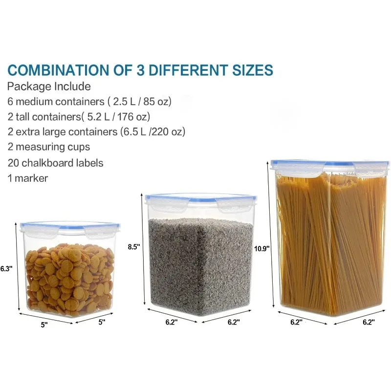 대형 밀폐 식품 보관 용기, 플라스틱 밀폐 주방 및 식료품 정리정돈, 밀가루 및 설탕에 이상적, 10 팩