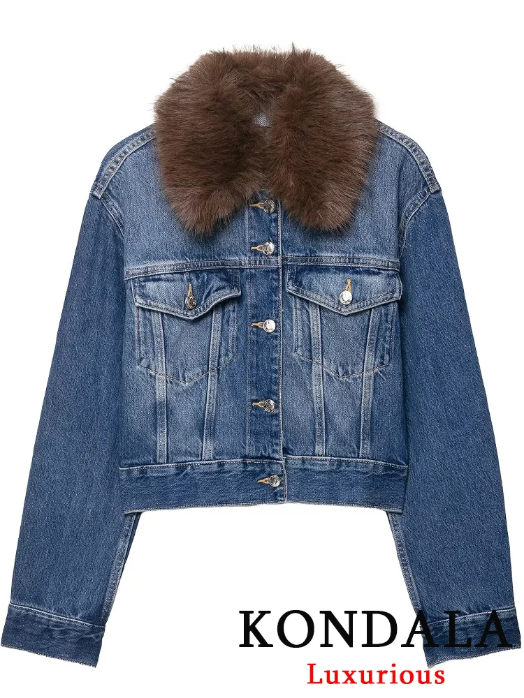 

KONDALA повседневные шикарные женские джинсовые куртки, однобортное короткое пальто с длинными рукавами, новая мода, осень 2024, уличная куртка