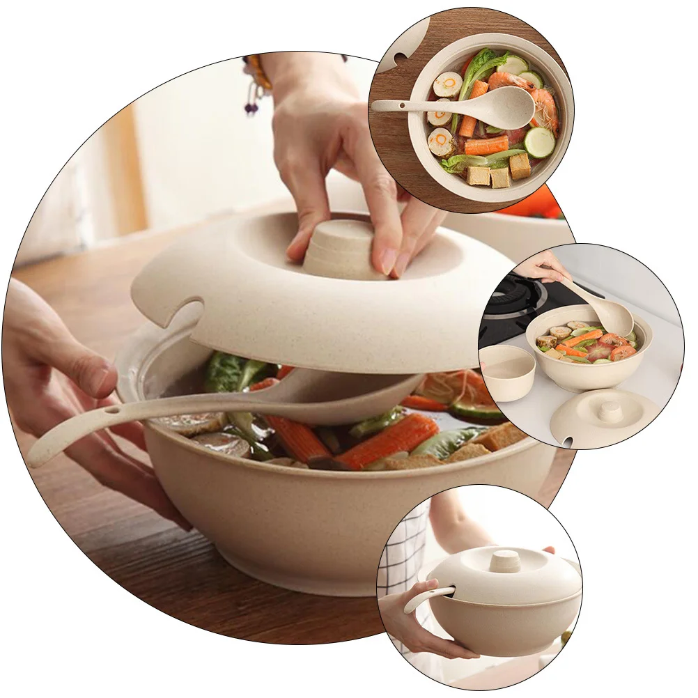 

Wheat Straw Soup Bowl With Lid Spoon Set, Food Grade Safe Container For Home Use, Covered Soup Pot, Kitchen Tableware