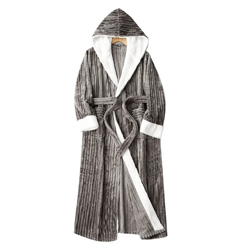 

New Thick Long Bathrobe Sleepwear Autumn Winter Warm Flannel Couple Hooded Robe Home Dress Patchwork Coral Fleece Lounge Wear
