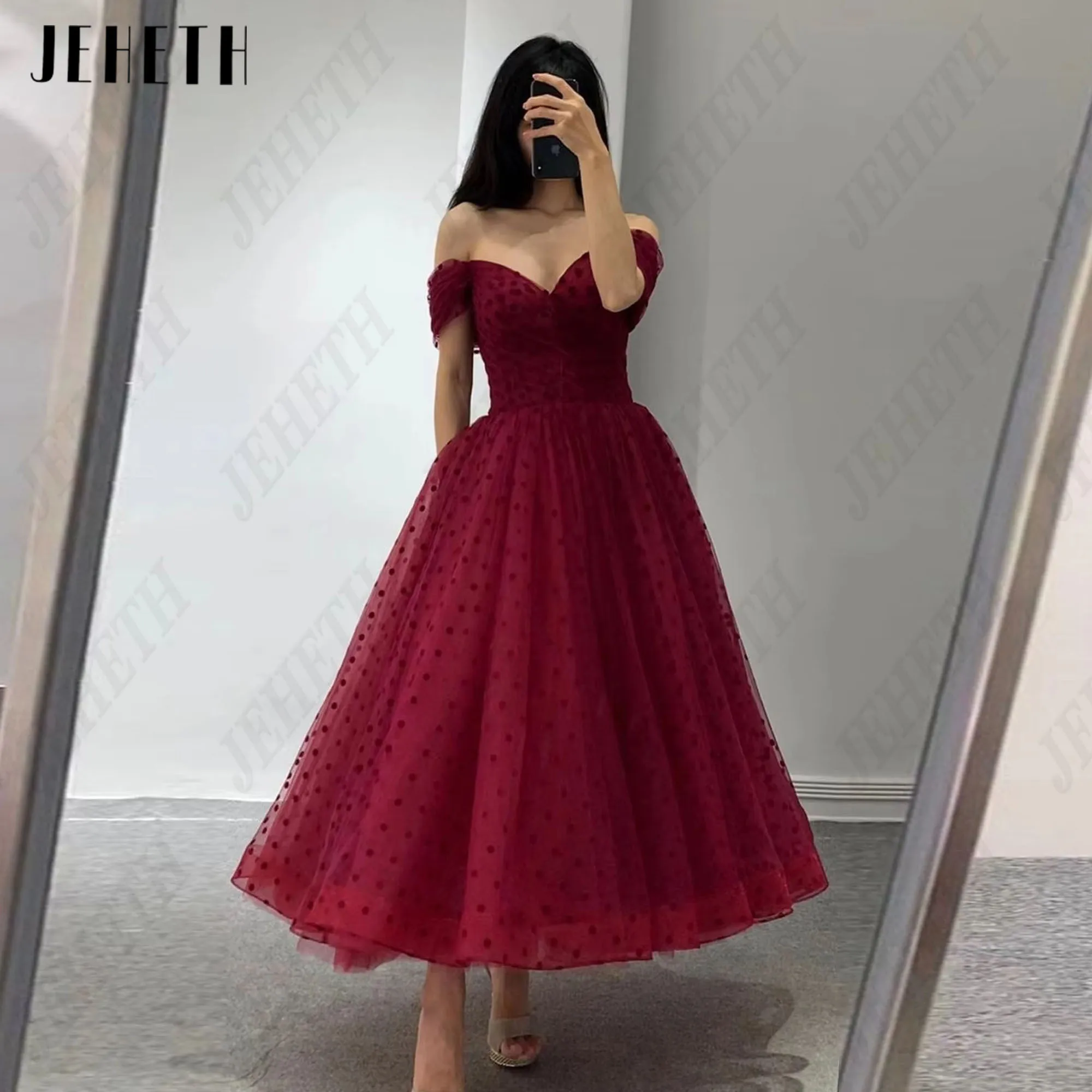 JEHETH Polka Dot Tulle Prom Dresses 2024 Off Shoulder A Line Ankle Length Formal Speical Occasion Gowns Party Homecoming Gowns