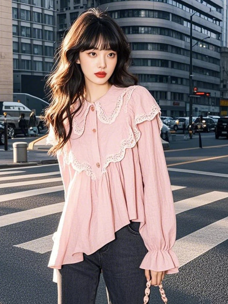 

Fashion Elegant Design Blouses Peter Pan Collar Flare Sleeve Lace Irregular Shirts French Sweet Tops 2025 New Women's Clothing