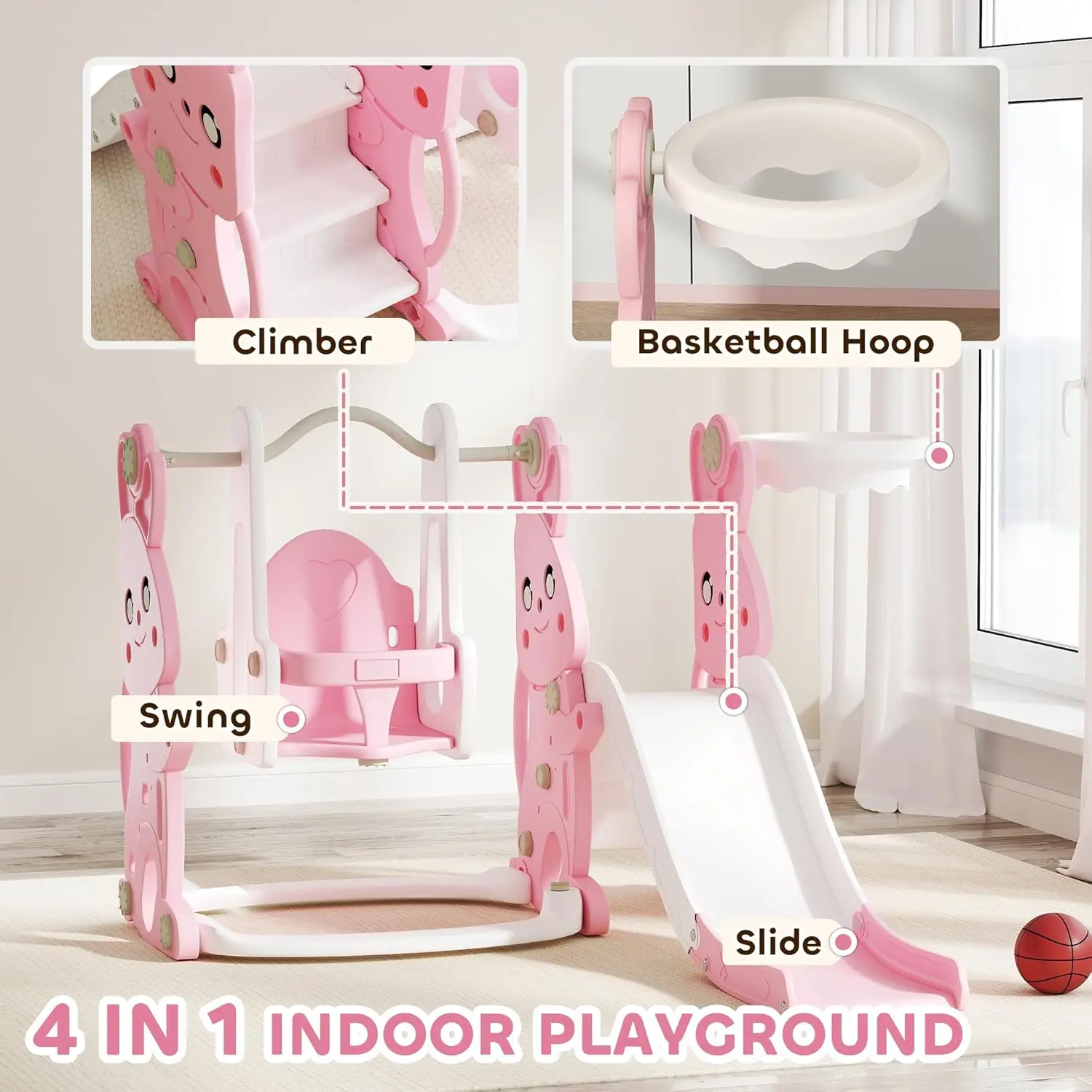 Juego de columpio y tobogán para niños pequeños 4 en 1, juego para niños de 1,5 a 4 años, parque infantil con tobogán para niños con temática de conejo con escalador, cesta Ho