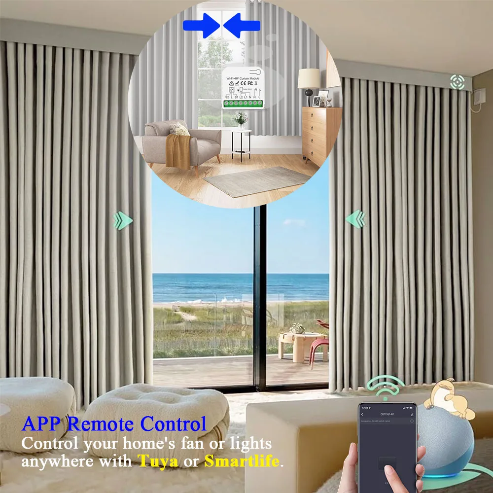 WiFi RF Roller Shutter Switch and 433MHz 5-in-1 Wireless Remote Control for Blinds,AC Motor work with Tuya,Google Assist,Alexa