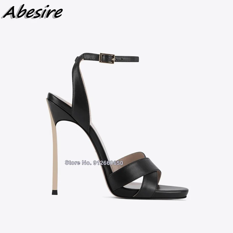 Ankle Buckle Black Metal Heel Sandals For Women White Sandals Open Toe Stilettos High Heels Summer Shoes On Heels Sexy Sandals