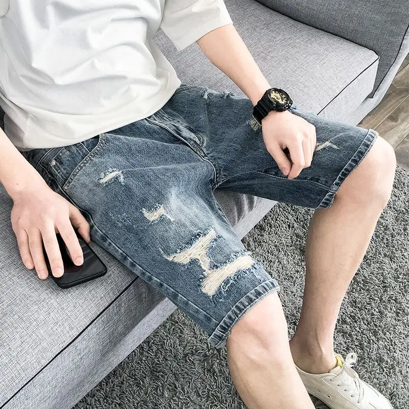 High Quality Denim Shorts Men's Summer Thin Distressed Casual Holes Trendy Brand Light Color Summer 2025 New Washed Medium Pants