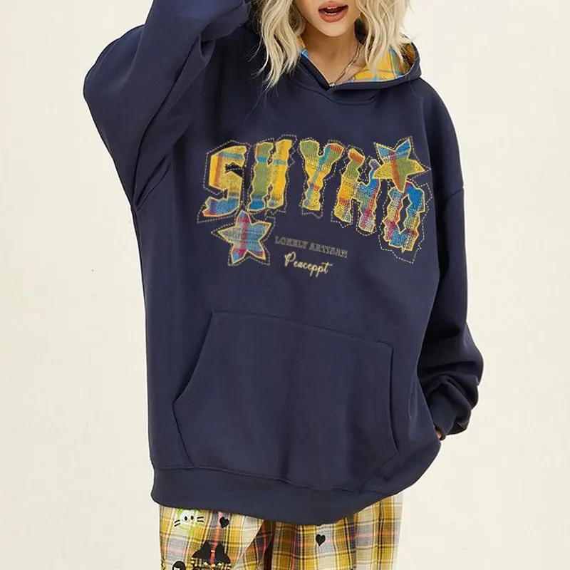 

Preppy Style American Star Letter Hoodies Autumn New Fashion Patch Designs Female Clothing Vintage Loose High Street Sweatshirts
