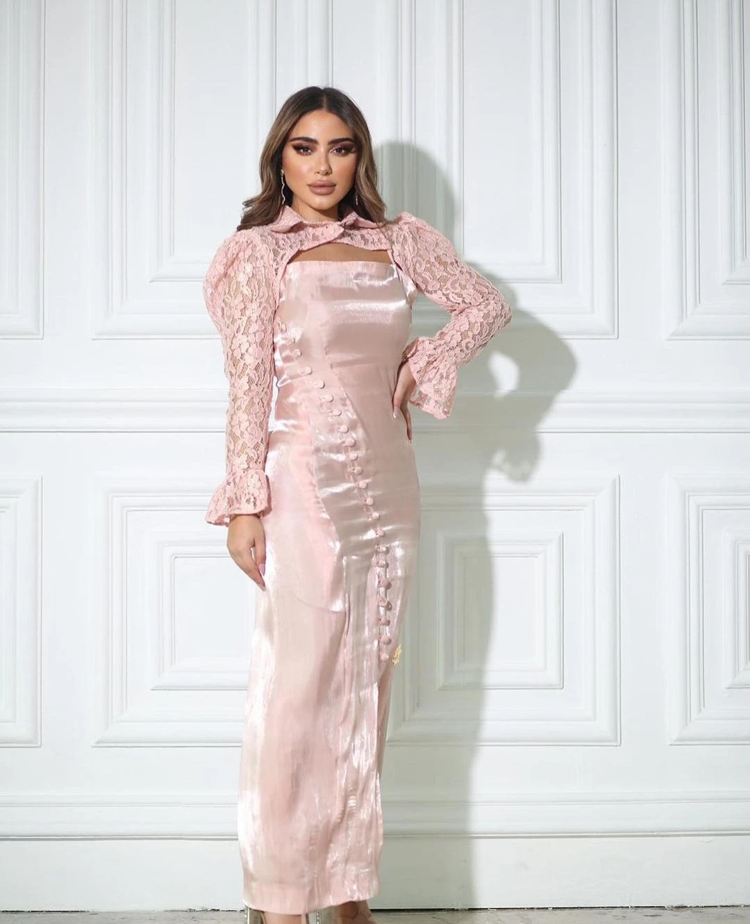 AsaNagi-Vestido cetim rosa para mulheres, botão de espaguete, renda de fenda, vestido elegante, colete de festa, árabe saudita, 2023