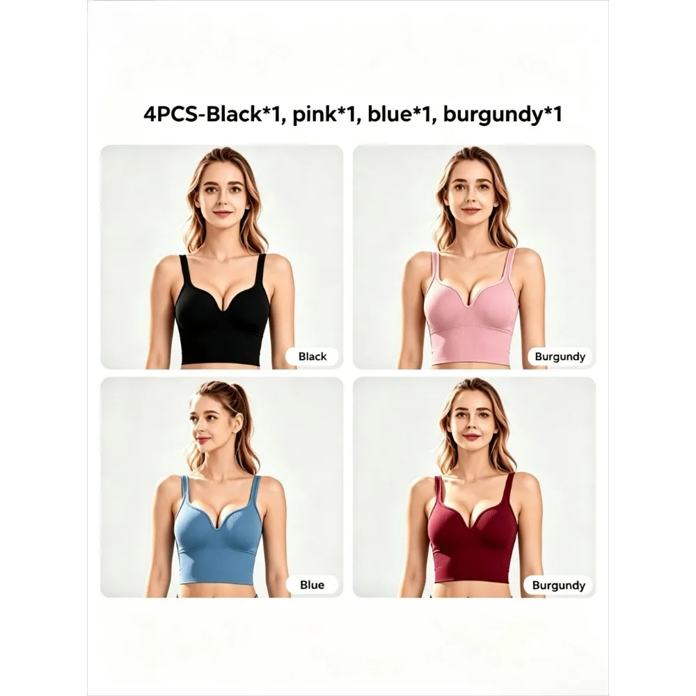 4PCS Women Sports Bra Set, Seamless, High Impact, Workout Tank Bra, Built In Padded, Shockproof Gym Bra