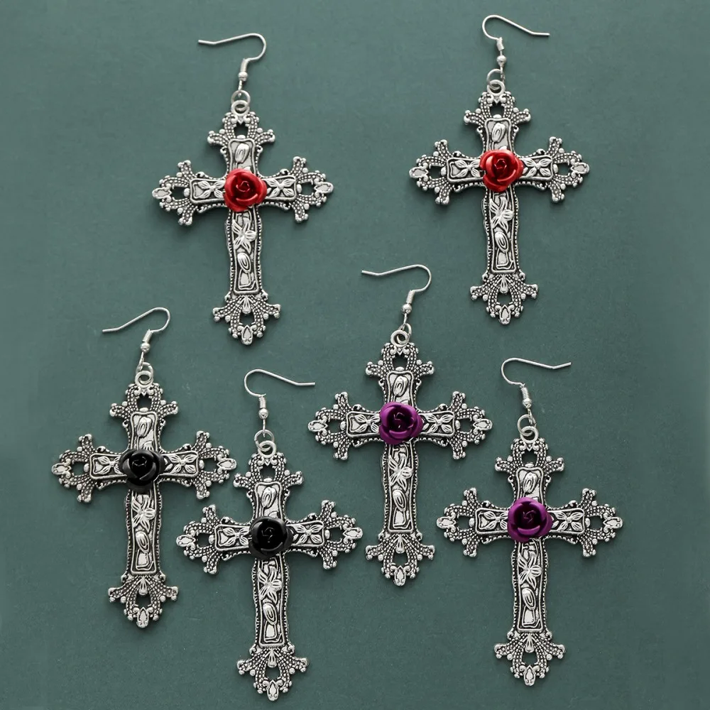 Vintage Gothic Stereo 3 Colors Roses Flower Baroque Cross Dangle Earrings for Women Grunge Aesthetic Halloween Witchy Jewelry