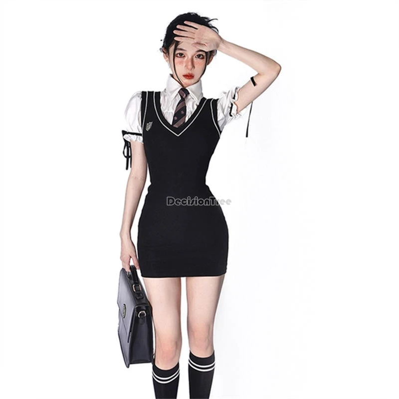 2024 korean japan style preppy waistcoat dress women jk uniform puffy sleeve shirt + hip skirt fashion retro jk uniform set b108