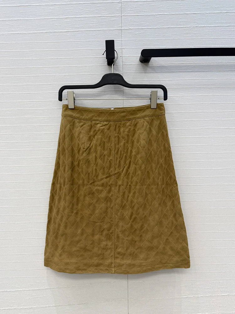 Spring Summer Fashion Golden Brown Vintage Suede Nap Knee-Length Skirt Women's Middle Waist Zippers Slim Buttock Covering Skirt