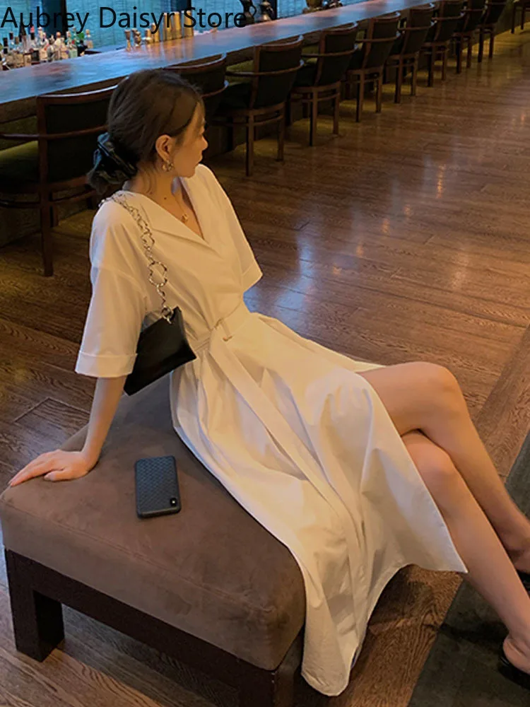 Vintage Elegant White Long Blazer Dress Women Korean One Piece OL Sashes Design Dress Summer Casual Chic Slim Y2k Dress 2022 New