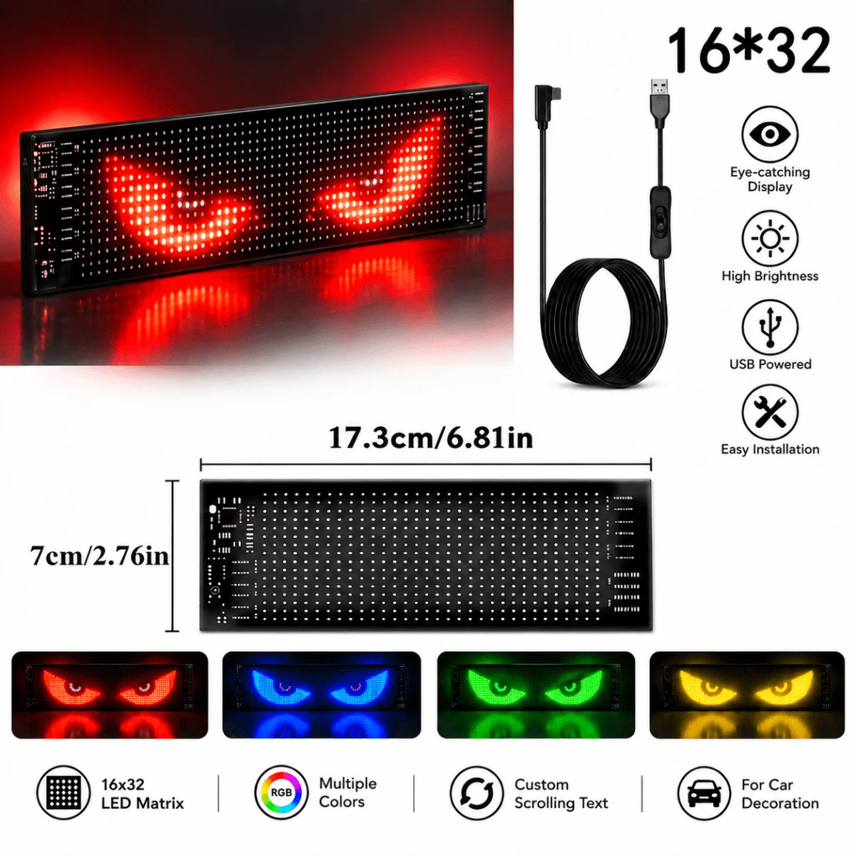 TCYATO 1 Pack Flexible LED Display Dynamic Demon Eye Light APP Programmable Custom Pattern USB Powered LED Matrix Panel for Car