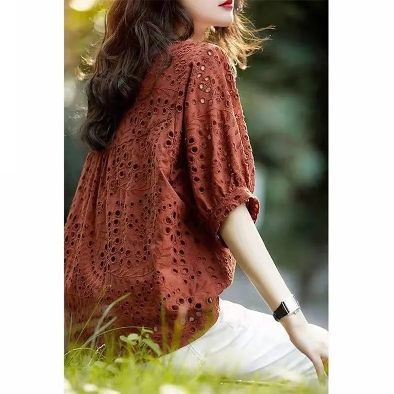 

Hollow Out Embroidery Knitted Women Blouse Summer Vintage 2023 O-Neck Lantern Sleeved Slim Female Pulls Tops