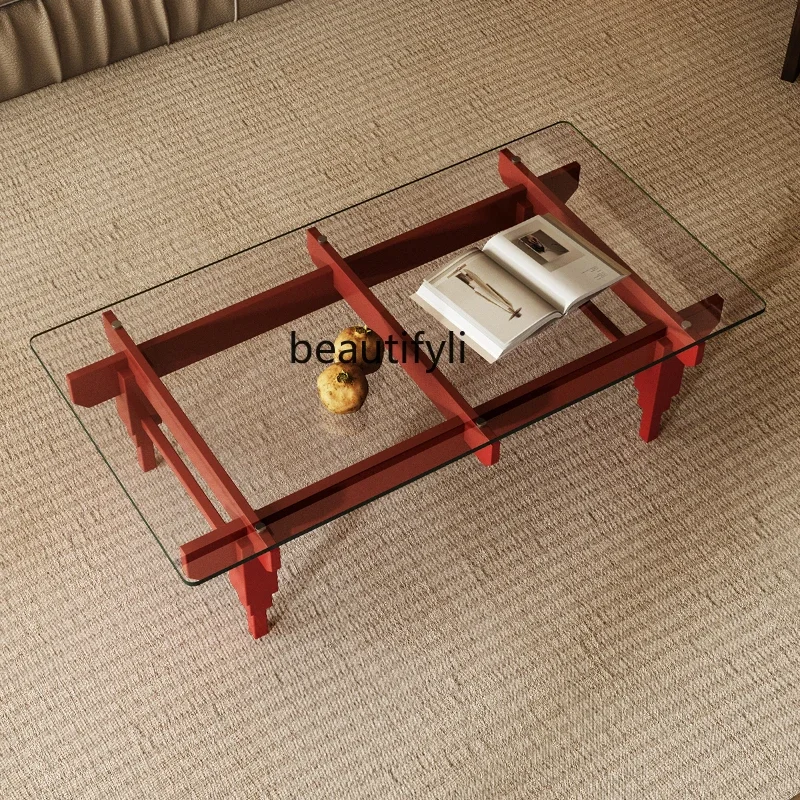 

Medieval oak rectangular tempered glass living room tea table red all solid wood small coffee table