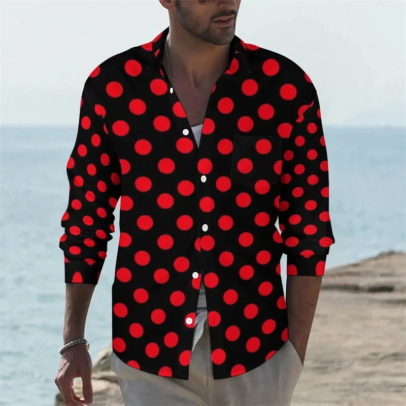 Men\'s Top Button Lapel T-Shirt Polka Dot Black White Fashion Simple Casual Dress Spring Summer High Quality Material Plus Size