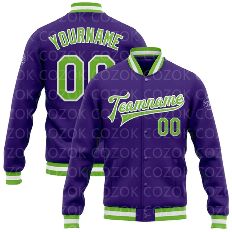 

Custom Purple Colour 3D Printed Baseball Button Jacket Bomber Full-Snap Varsity Letterman Jacket