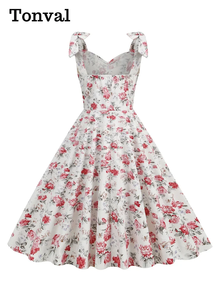 Tonval Knot Strap V-Neck Floral Cotton Women Vintage Dress Party Evening Elegant Luxury Celebrity Summer Ladies Dresses