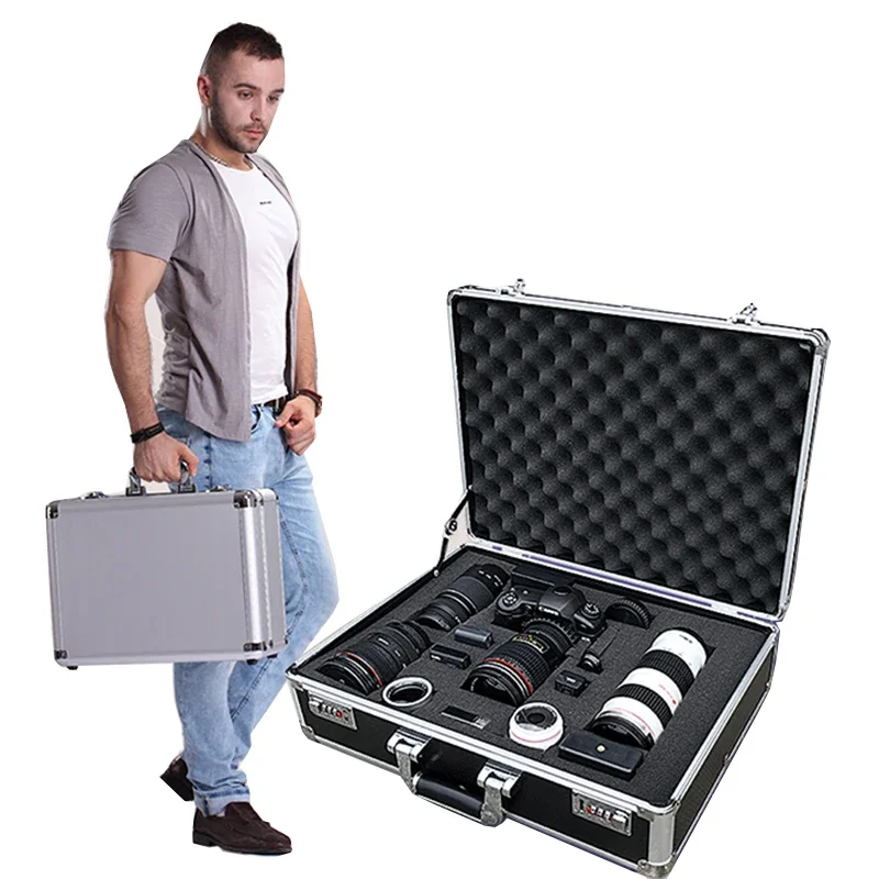 Aluminum Tool Case Suitcase Digital Lens Moistureproof Box Impact Resistant Toolbox Equipment SLR Camera Box With Pre-cut Foam