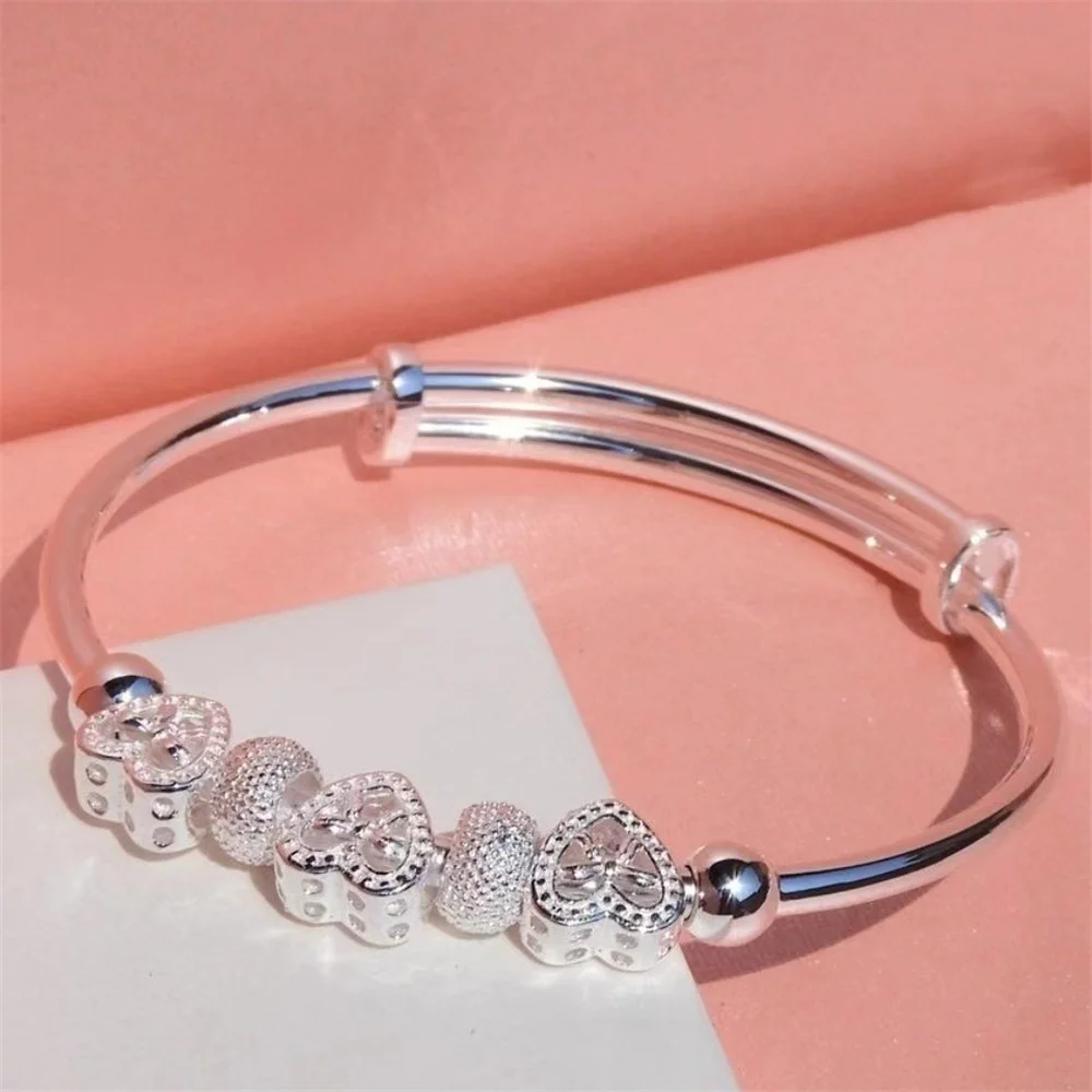 OUYADI Women 999 Sterling Silver Push‑Pull Adjustable Bracelet, Exquisite Heart‑Clover Hollow‑Bead Daily‑Wear Jewelry Gift