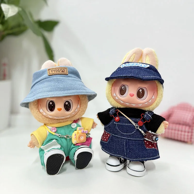 15/17 cm da 1a a 3a generazione LABUBU / DIMOO Abbigliamento con tasche Salopette in denim a pois rosso caramello con cappello da pescatore