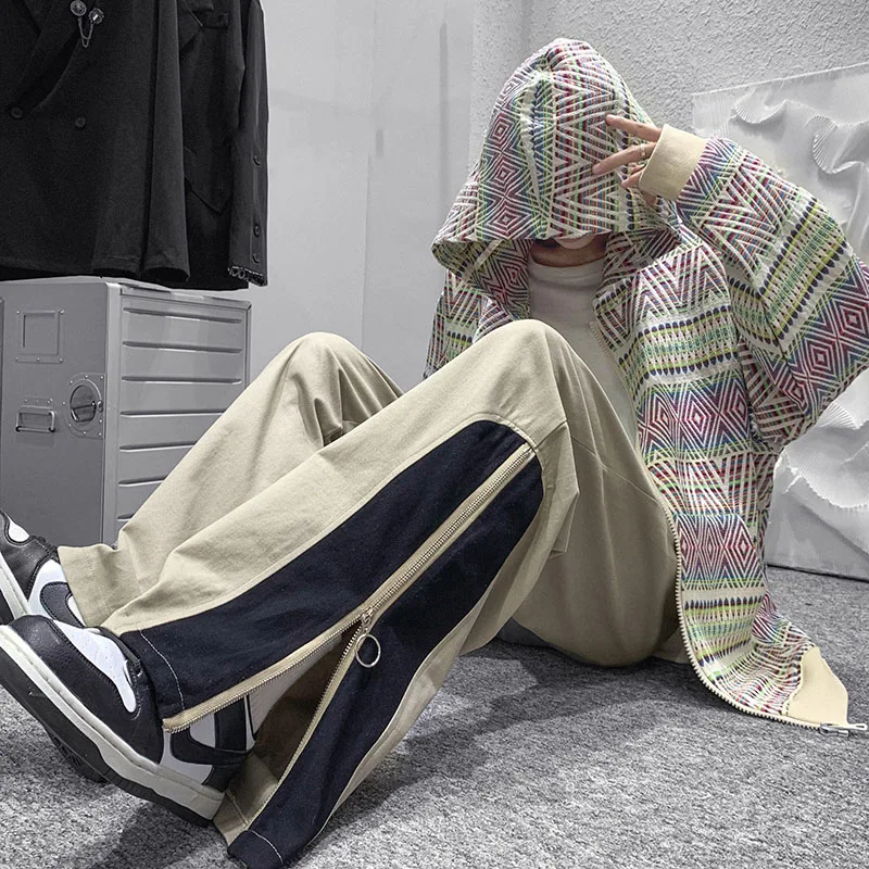 

Мужские повседневные брюки-карго на весну-осень, свободные, прямого кроя, с молниями, в корейском стиле, модные, универсальные, цвета хаки