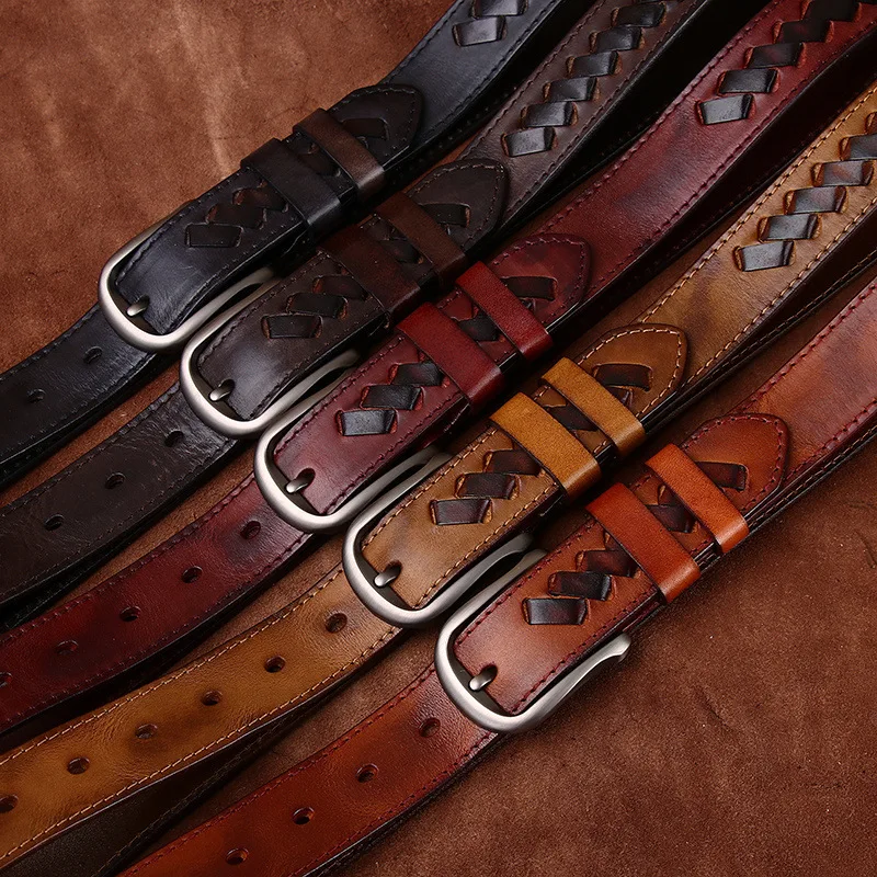 

3.3M Wide Cowhide Genuine Leather Casual Jeans Braid Belt Men High Quality Retro Luxury Design Male Strap Cowboy Belts