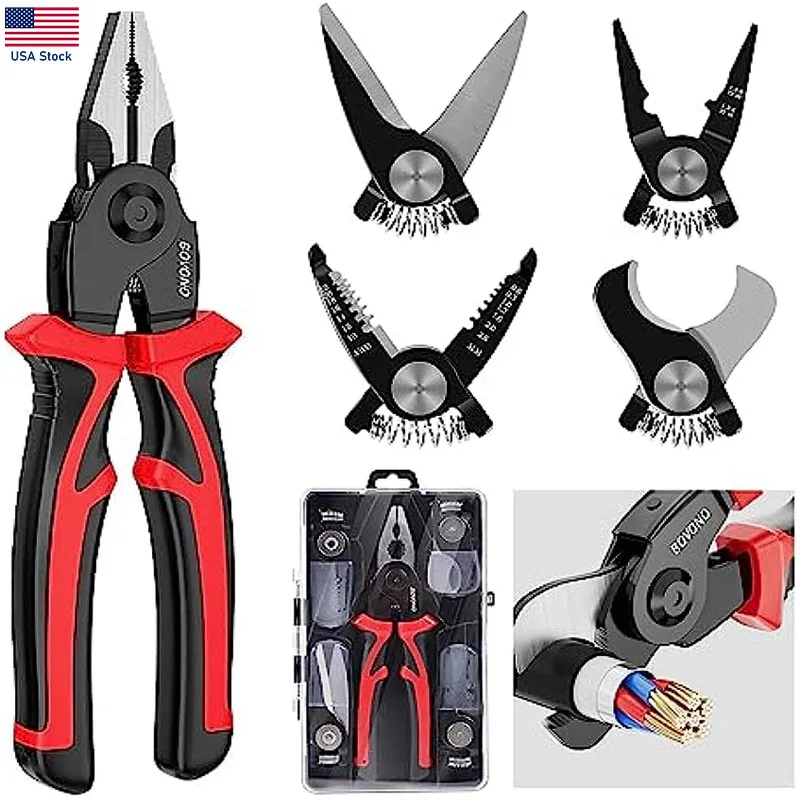 5 IN 1 Pliers Set, Quick Change Pliers Head Set with Wire Pliers, Scissors, Cable Cutter, Wire Stripper, Crimping Pliers