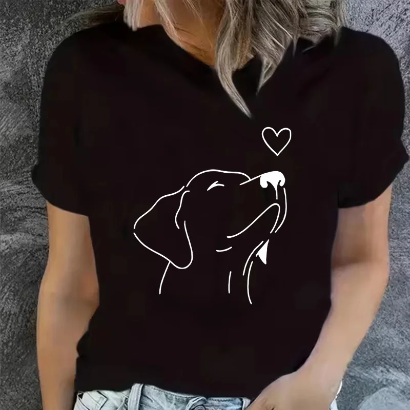 Funny Dog and Heart Print Casual Daily Tee 90s Spring Summer Crewneck Short Sleeve Tee Graphic Harajuku Y2k Style Women Clothing