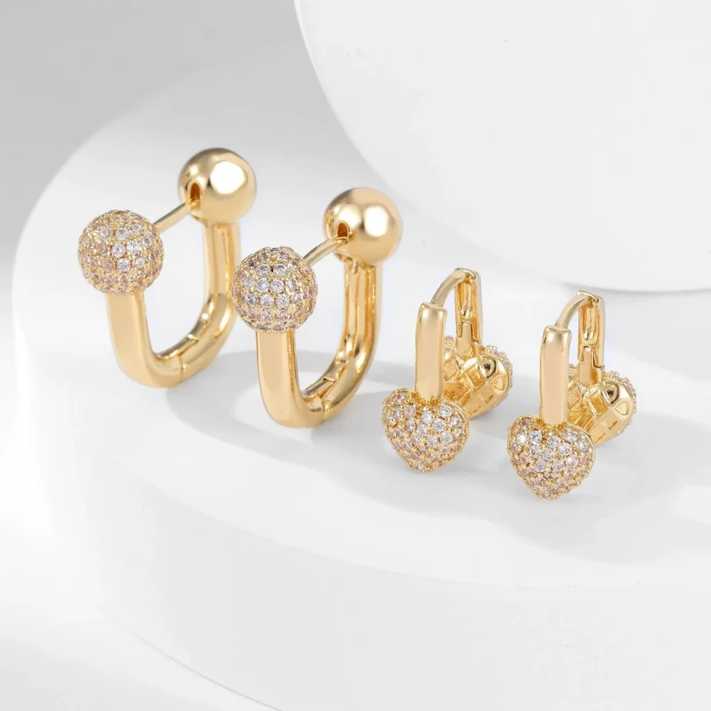 Hip Hop U Shaped Geometric Heart Hoop Earrings For Women Gold Silver Color Female White Zircon Ear Buckle Wedding Jewelry