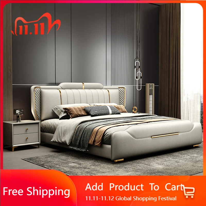 

Bedroom Queen Massage Bed Double Modern Luxury Floor Wooden Bed Safe European Simple Letto Matrimoniale Lounge Suite Furniture