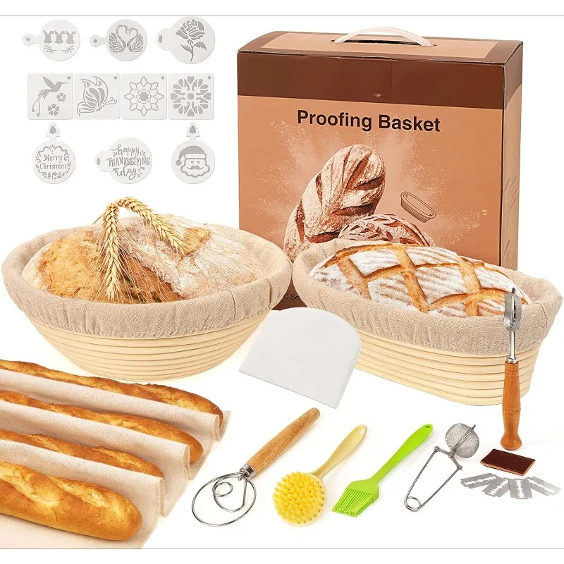 Banneton Proofing Basket Set of 2, 10 Inch Round & Oval Cane Bread Proofing Baskets with Sourdough Bread Baking Supplies