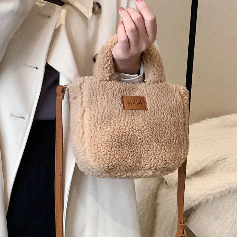 

Soft Fluffy Women's Tote Handbag Lamb Wool Casual Top-Handle Bag Autumn&Winter Ladies Bucket Bags Solid Cute Small Crossbody Bag