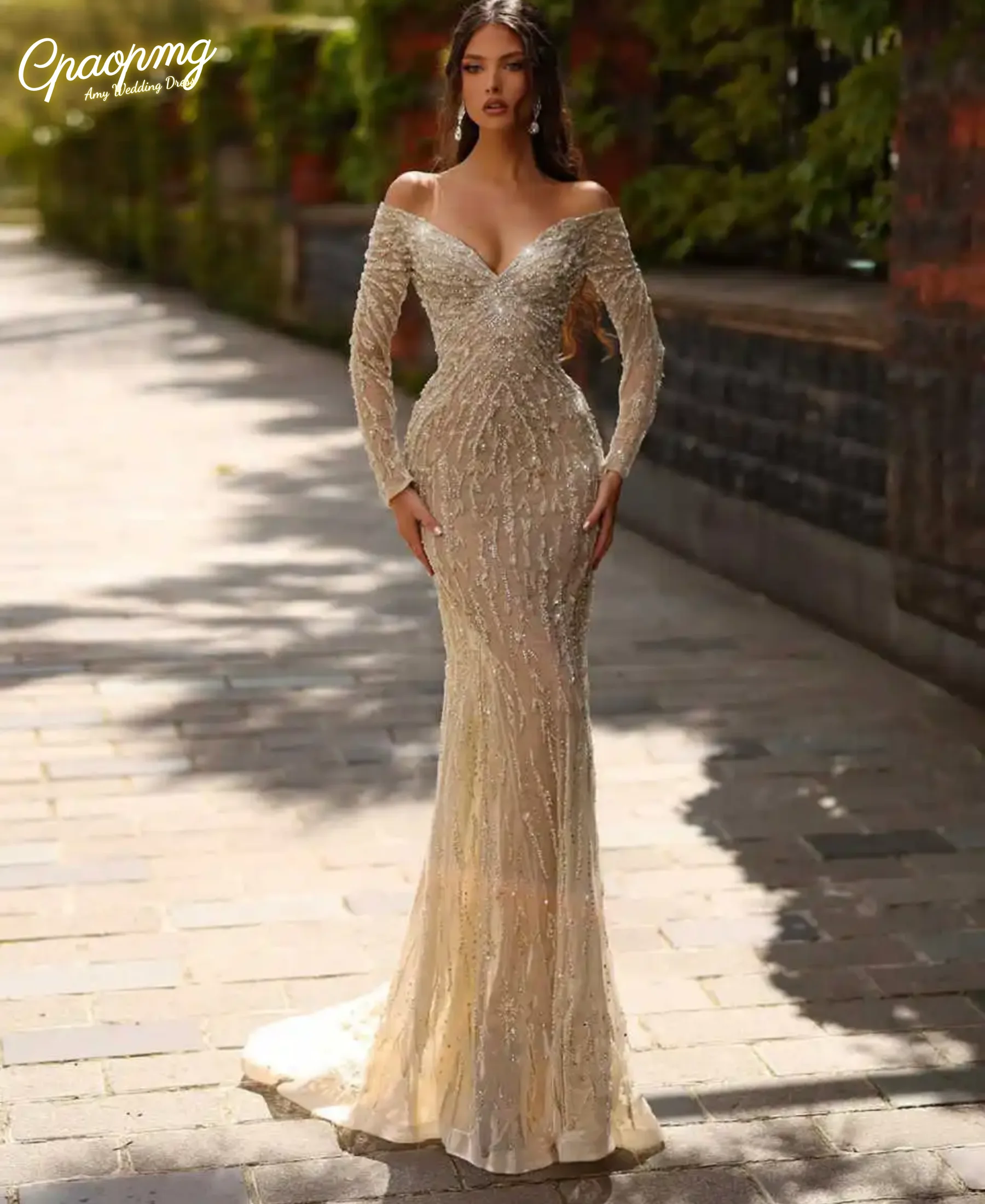 

Customized Exquisite Mermaid Wedding Dress V Neck Beading Sequins Bride Gowns Long Sleeve Detachable Sweep Train Bridal Dresses