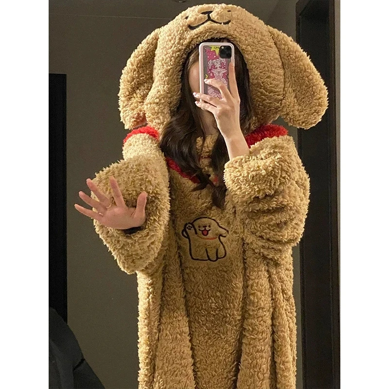 Winter Cartoon Brauner Hund Kapuzen Strampler Pyjamas Kigurumi Unicron Niedlich Langarm Reißverschluss Plüsch Neuheit Onesie Nachtwäsche Slipper – Detail 5