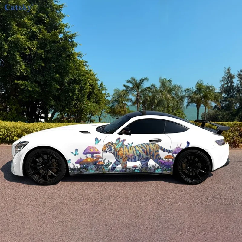 

Виниловая наклейка с тигром, грибом и бабочкой, самоклеящаяся наклейка из ПВХ, подходит для грузовиков, внедорожников, декора, автоаксессуары, подарок