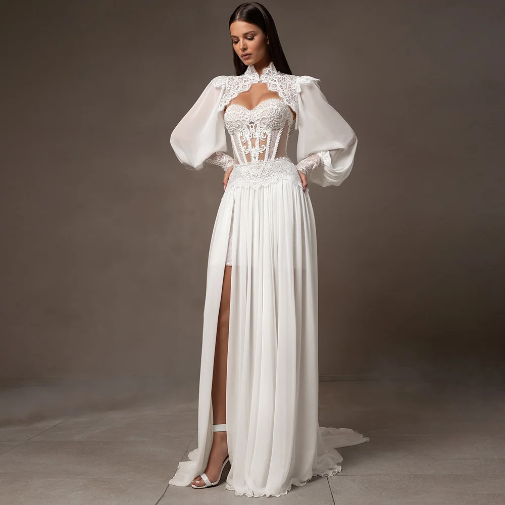 

Exquisite Puff Sleeves Sweetheart Wedding Dress Customized Appliques Double Side Slit Beach Bridal Gowns Vestido De Novia