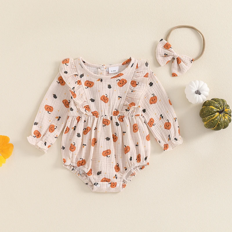 رومبير فقاعي بأكمام طويلة مكشكش مع ربطة رأس مقوسة ، ملابس خريفية للفتيات حديثي الولادة ، زي لطيف