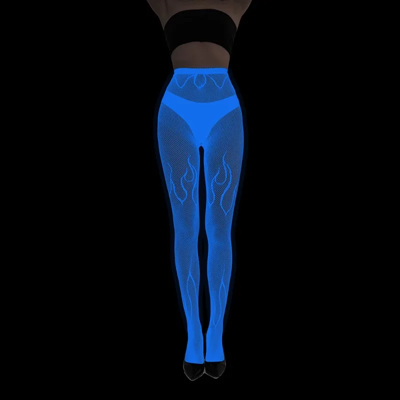 Niebieskie fluorescencyjne rajstopy z koronką, siateczkowe, przezroczyste pończochy, seksowne tatuaże, kwiatowy żakard, ażurowe skarpetki, damska odzież erotyczna.