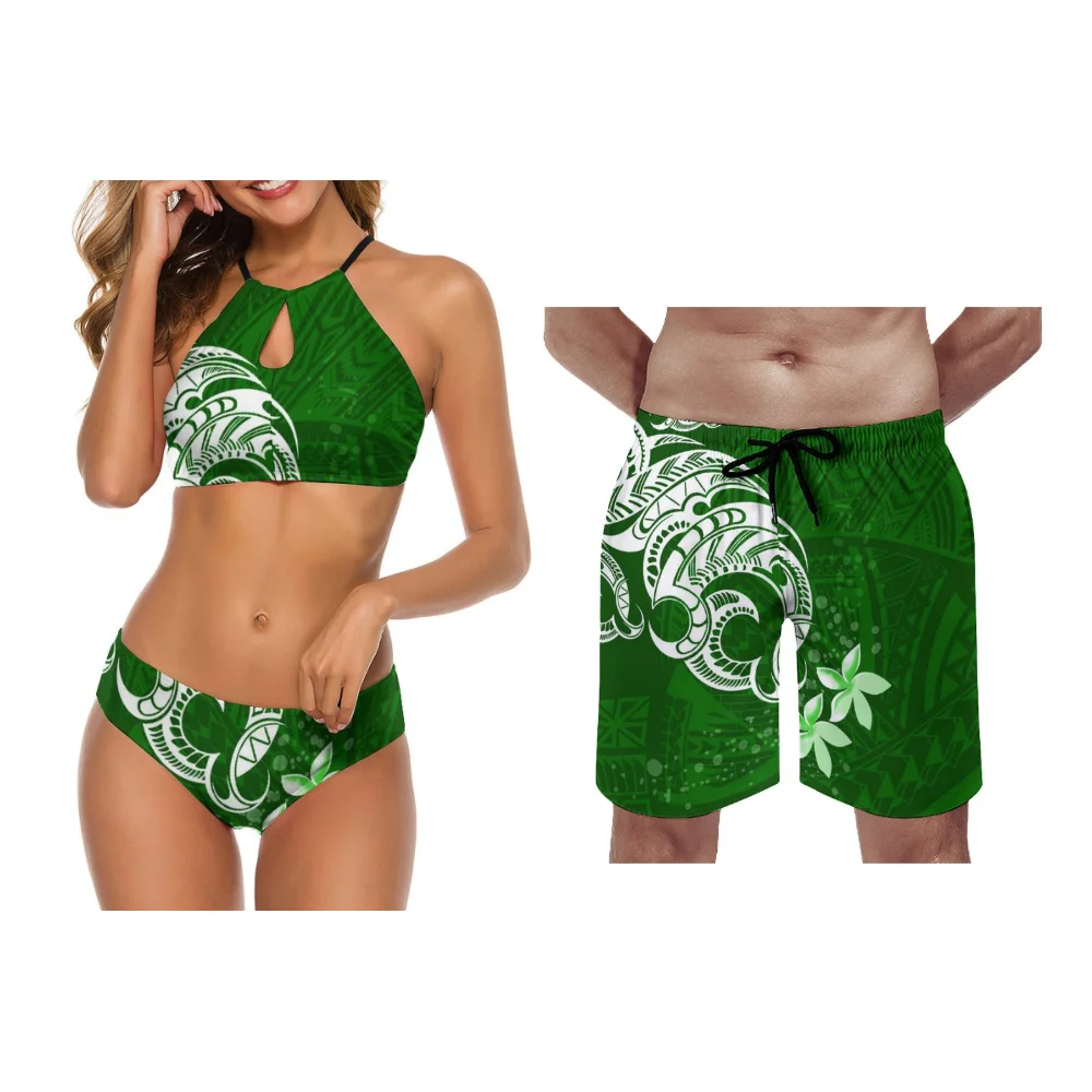 Summer Custom Wholesale Polynesian Couple Swimsuit Sets Collar-Necked Tie-On Design Women'S Beach Bikinis Men'S Beach Shorts