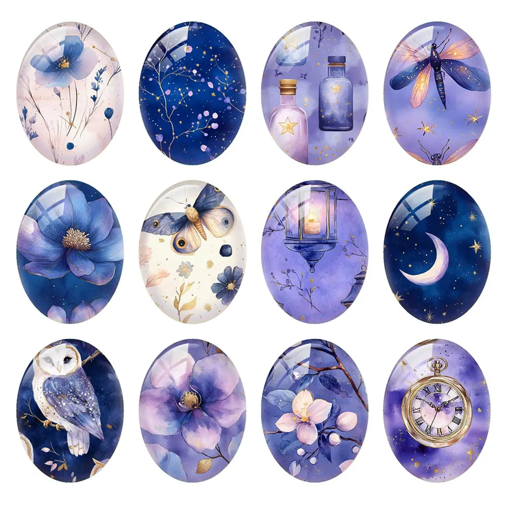 Random Mixed Round/Oval/Square Purple Moon Starry Night Fairy Photo Glass Cabochon Flatback Demo Cameo For Diy Jewelry Making