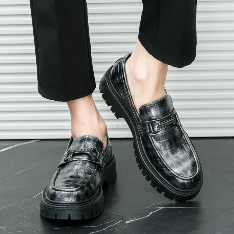 

New fashion retro British casual overstep shoes men's leather formal business platform soles increase a slip-on loafers